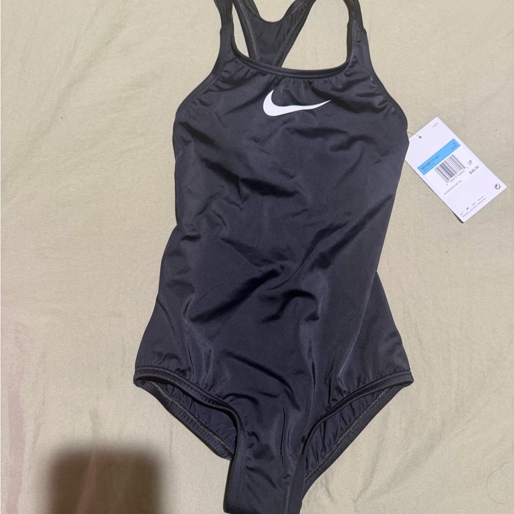 Nike Kids Black One-Piece Swimsuit with White Swoosh Logo